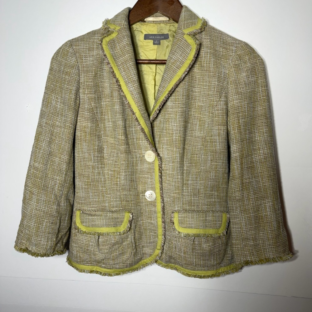 Ann Taylor Tan & Lime Green Tweed Frayed-Trim Blazer Jacket